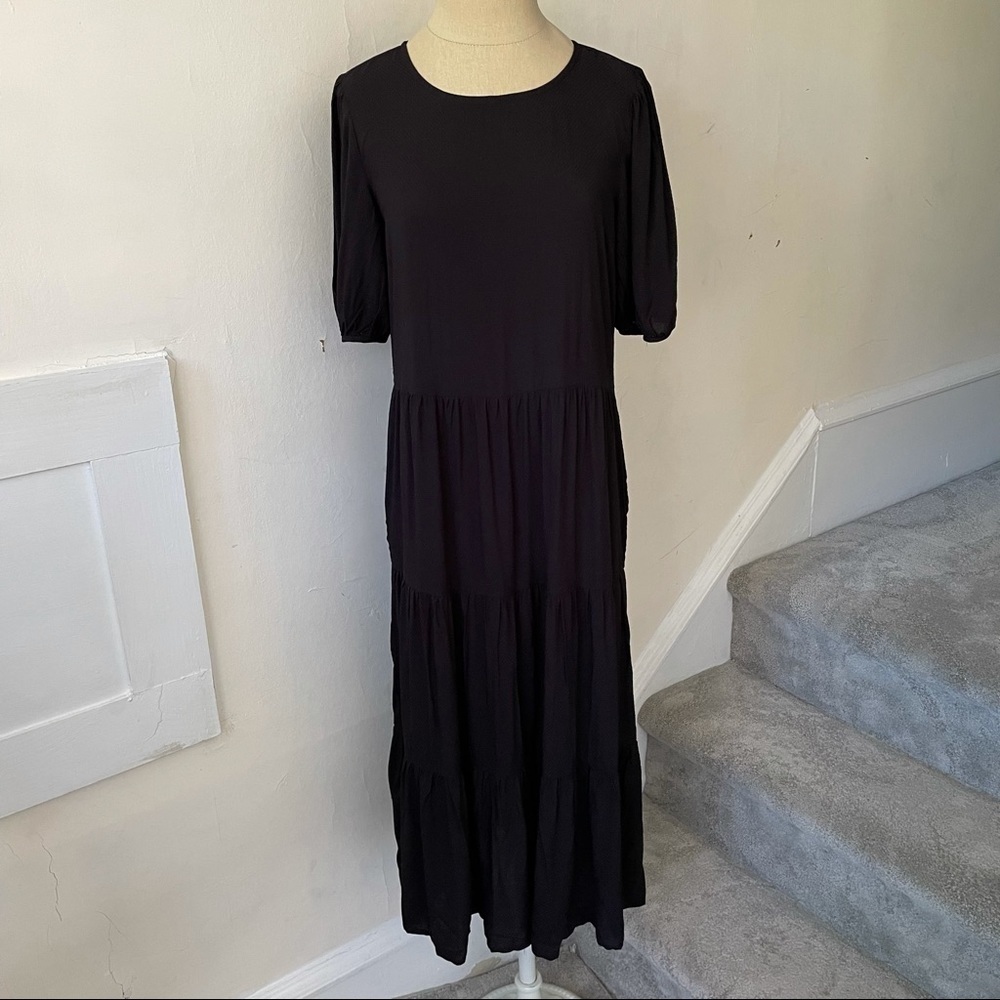 Glassons Black Eco-Vero Lenzing Viscose Rayon Puff Sleeve Midi Dress NWT Size 6